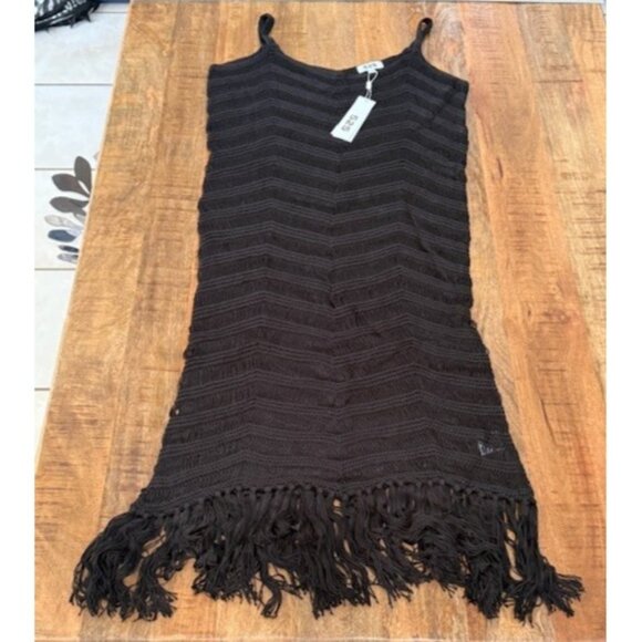 525 Fringe Dress Black XS S Open Knit Crochet Tassel Hem See-Through whimsigoth - Picture 2 of 16